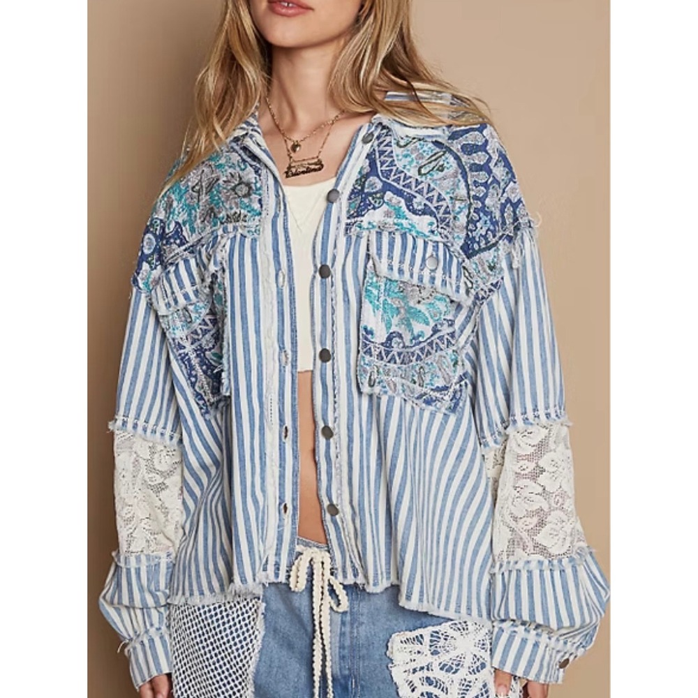 POL Woven Mix Media Patchwork Raw Hem Paisley Lace Striped Shacket Size Small